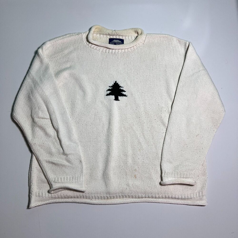 Rey Wear Hand Knitted Bolivia Cotton Sweater Mens XL Ivory Green Pine Tree 90s